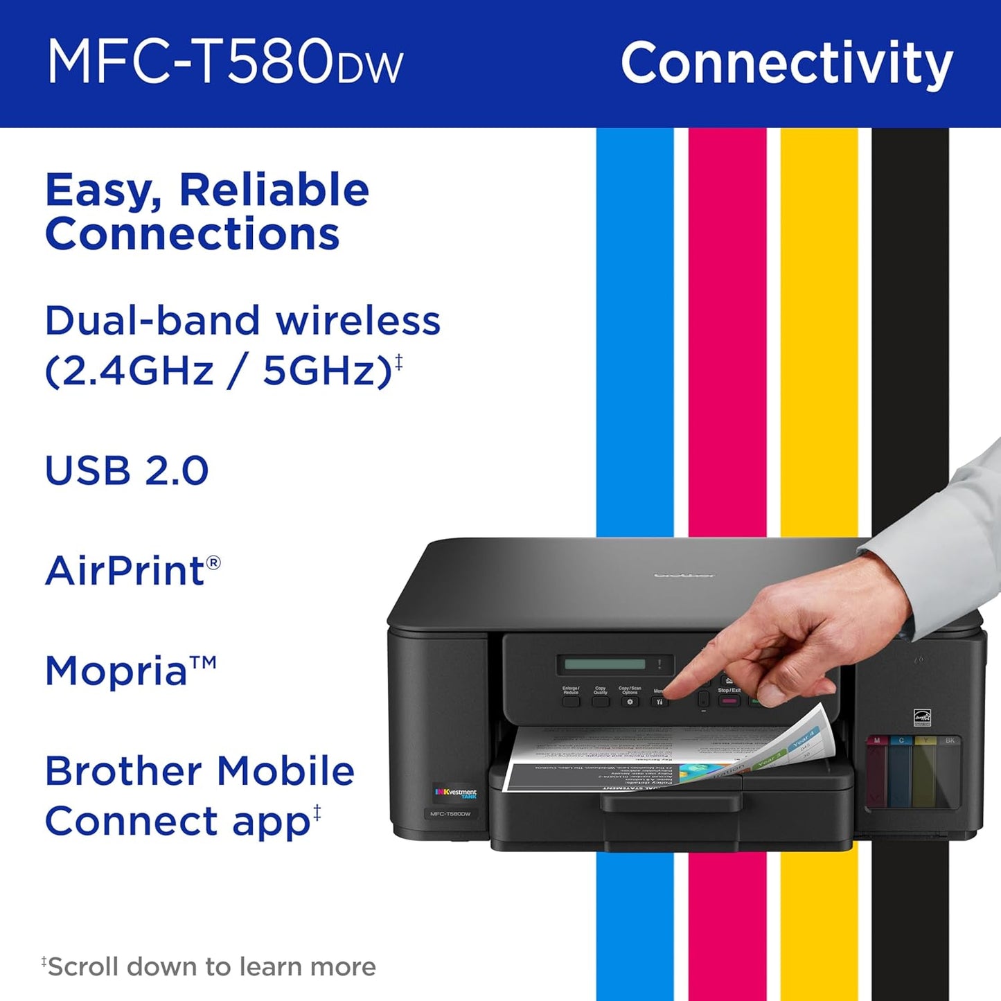 Brother Inkvestment Tank 580 Wireless Color Inkjet All-In-One Printer | Includes up to 3 Years of Ink In-Box(1) and 3-Year Limited Warranty(2) (MFC-T580DW)