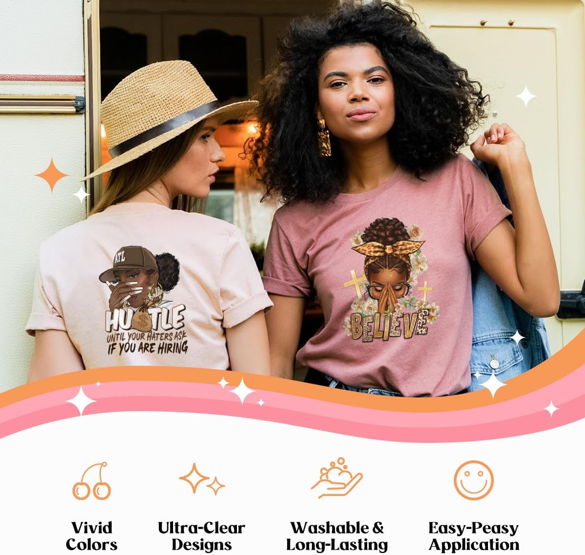 Kaciola 9 Sheets Black Girl DTF Transfers Ready to Press, Black Women Iron on Transfers Washable Stickers Iron on Decals for T Shirts Hoodie DIY Crafts