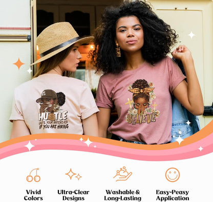 Kaciola 9 Sheets Black Girl DTF Transfers Ready to Press, Black Women Iron on Transfers Washable Stickers Iron on Decals for T Shirts Hoodie DIY Crafts