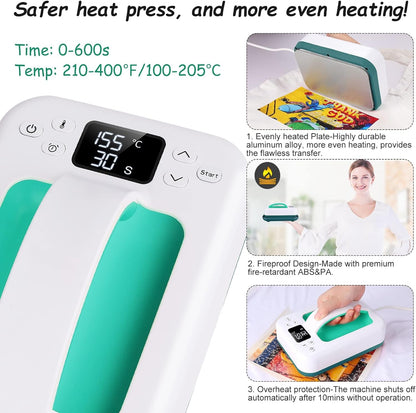 Heat Press Machine for T-Shirts, 7" × 5" Portable Fast Heat-Up Mini Easy Press with Timing Function & Insulated Base, Ideal for T-Shirts, Bags, Pillows, Aprons, and More, Green