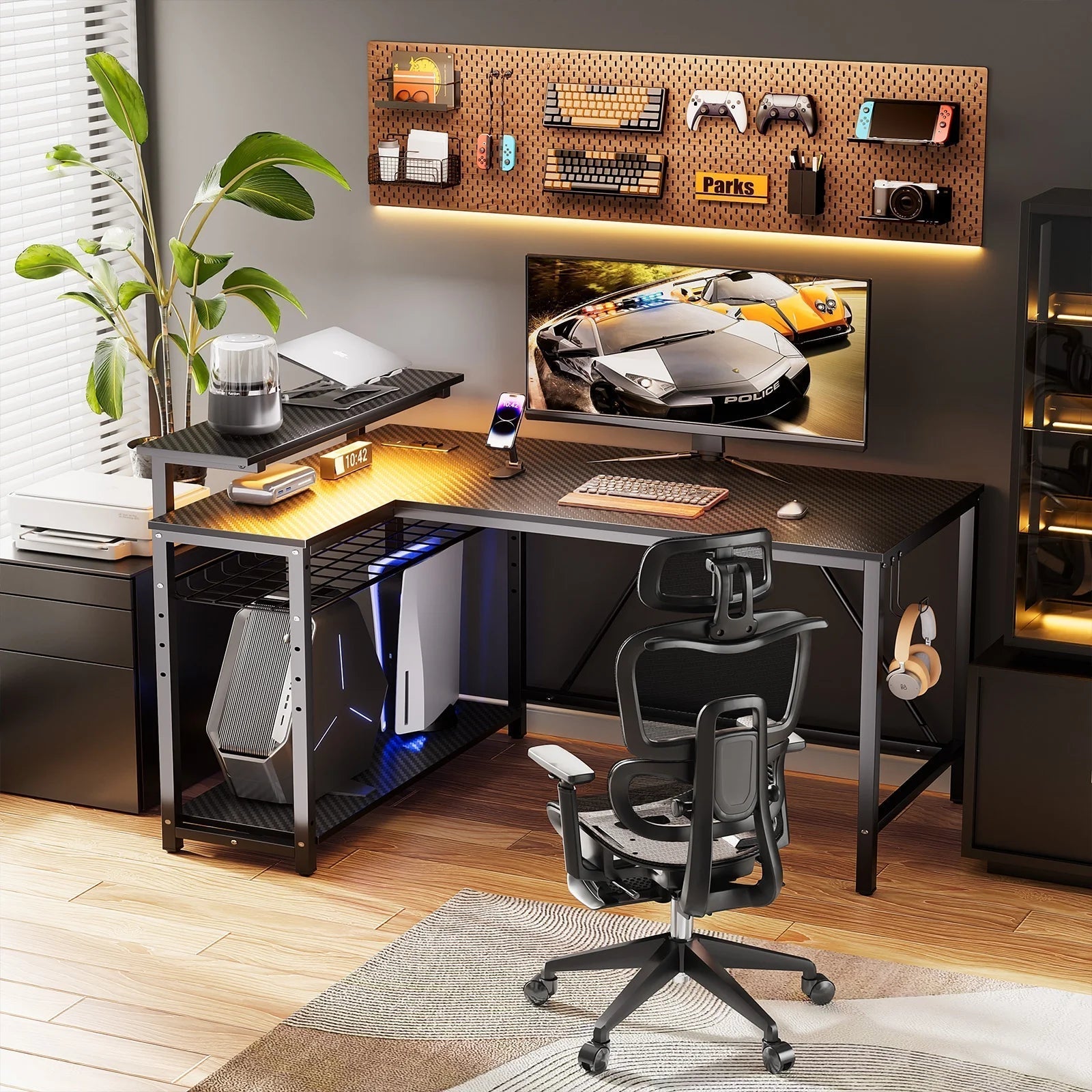 42" Reversible L-Shaped Gaming Desk: Equipped with Power Outlets, LED Lights, Adjustable Shelves & Hooks for Small Spaces ,Bedrooms & Offices, Carbon Fiber Black