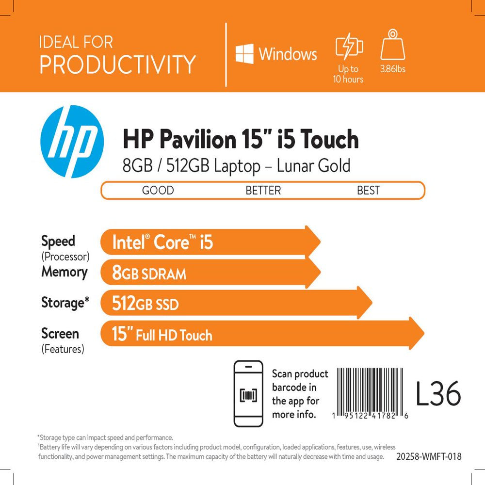 Pavilion 15.6" FHD Touch, Intel Core I7-1165G7, 8GB RAM, 512GB SSD, Lunar Gold, Windows 11, 15-Eg0070Wm