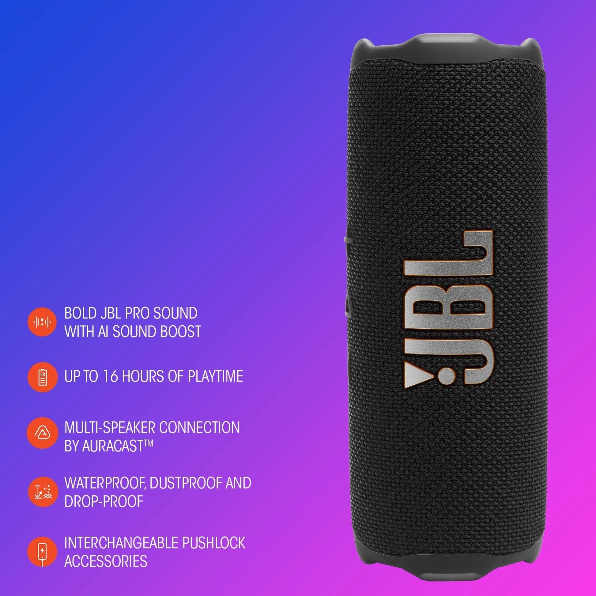 Flip 7 - Portable Waterproof and Drop-Proof Speaker, Bold  Pro Sound with AI Sound Boost, 16Hrs of Playtime, and Pushlock System with Interchangeable Accessories (Black)