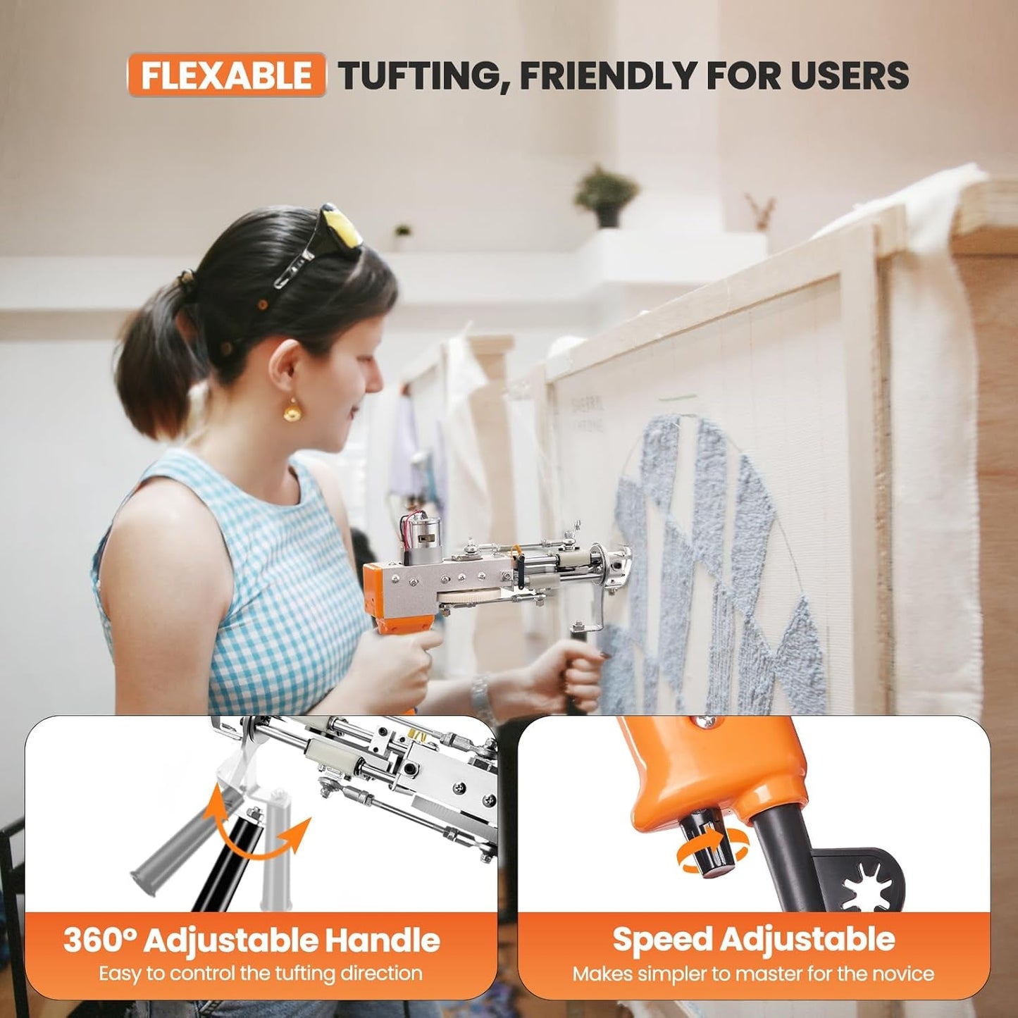 Riiai Tufting Gun Starter Kit with Tufting Frame 2025 New, Tufting Gun Cut Pile & Loop Pile, Tufting Frame 29.5”X 29.5”, 200W Carpet Trimmer-Rug Tufting Gun Making Kit for Rug Tufting（ Orange）