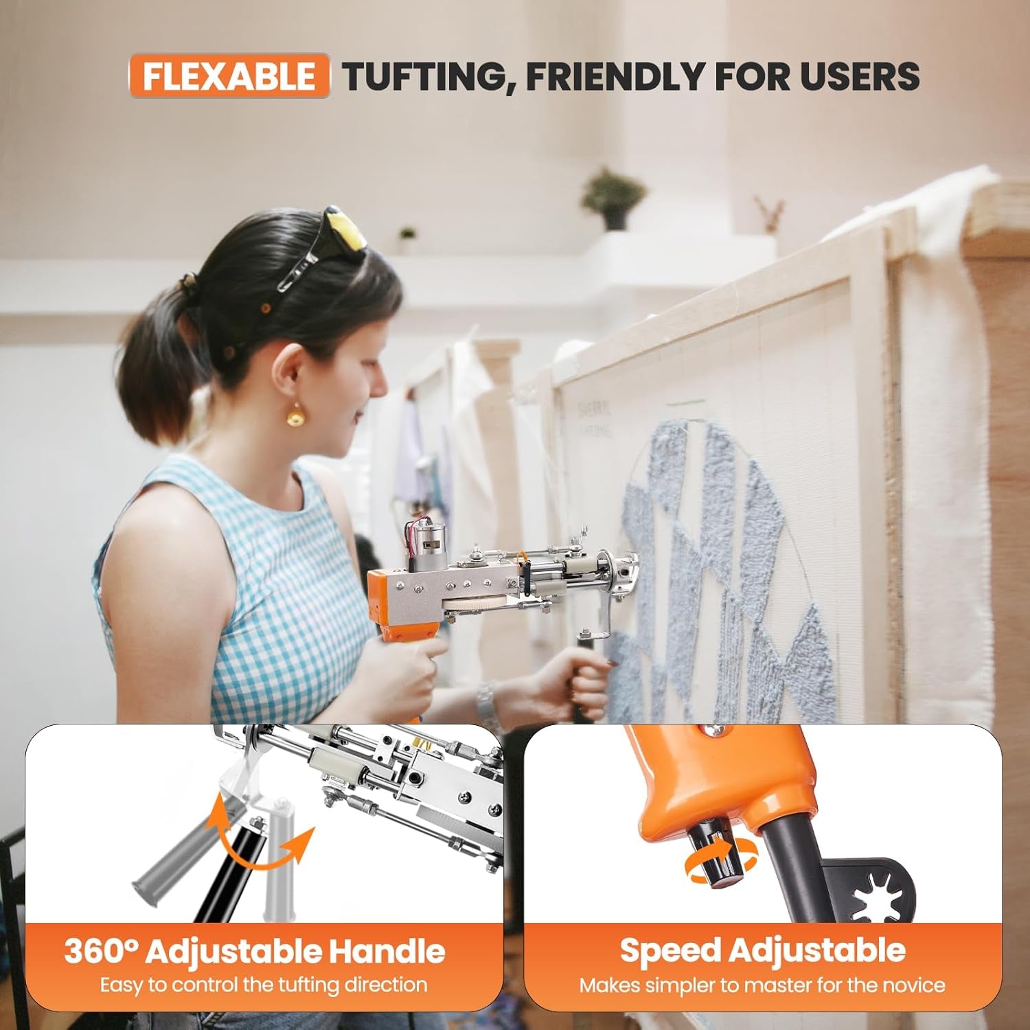 Riiai Tufting Gun Starter Kit with Tufting Frame 2025 New, Tufting Gun Cut Pile & Loop Pile, Tufting Frame 29.5”X 29.5”, 200W Carpet Trimmer-Rug Tufting Gun Making Kit for Rug Tufting（ Orange）