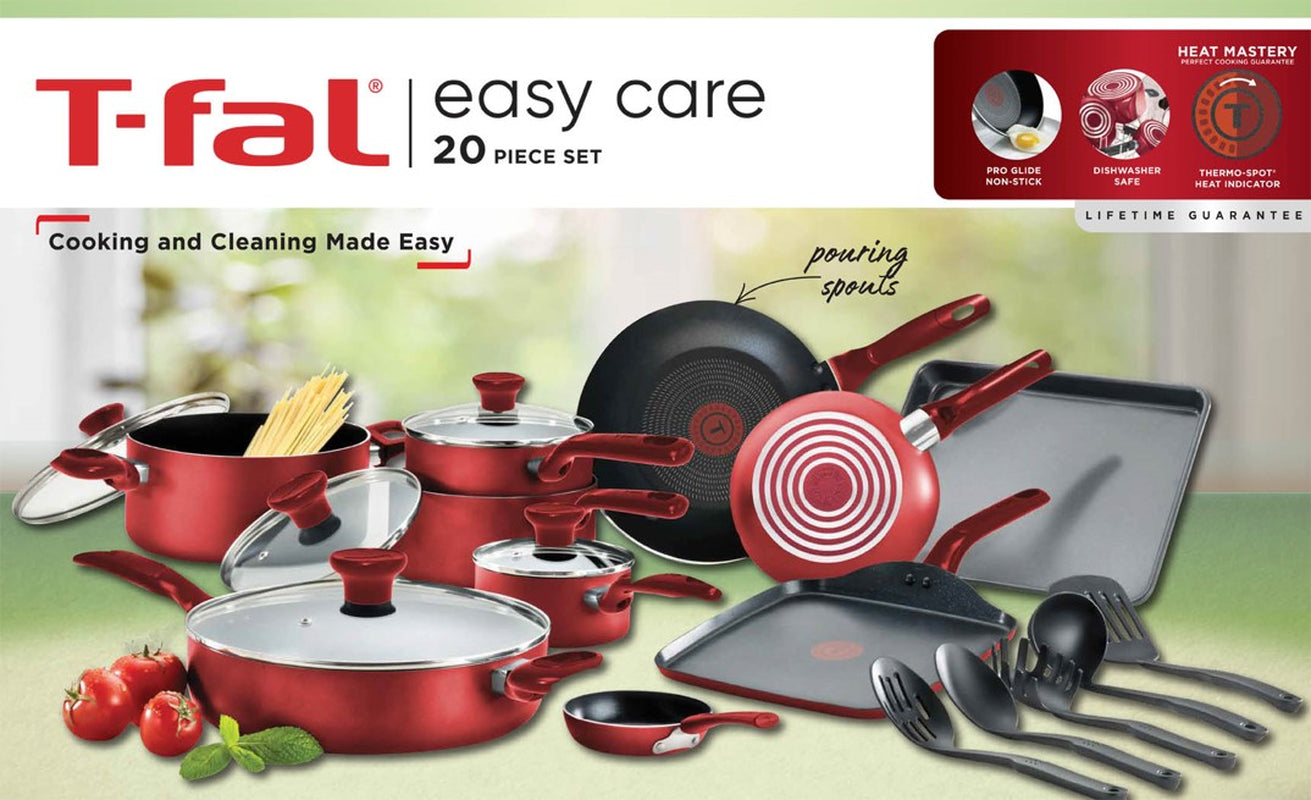 Easy Care Nonstick Cookware, 20 Piece Set, Red, Dishwasher Safe