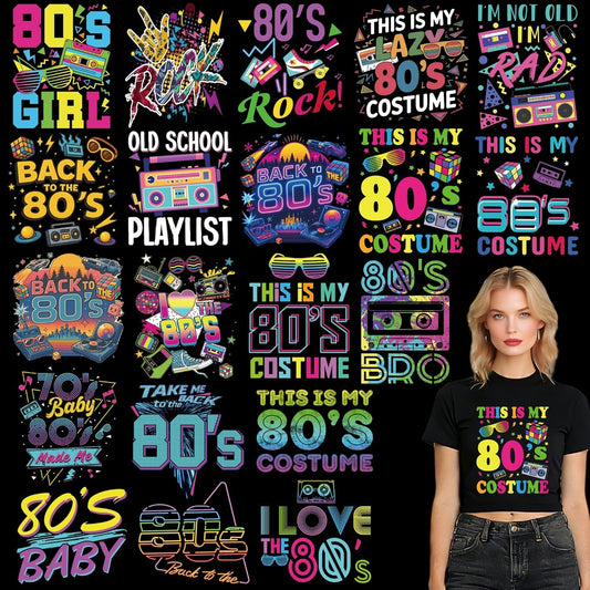 Dazoratix DTF Transfers Ready to Press - 20 Sheets Back to 80S Iron on Patches for Women T Shirts Retro Neon Vintage 90S Disco Heat Stickers Vinyl Decals for Clothes Costume Party DIY Craft Decoration
