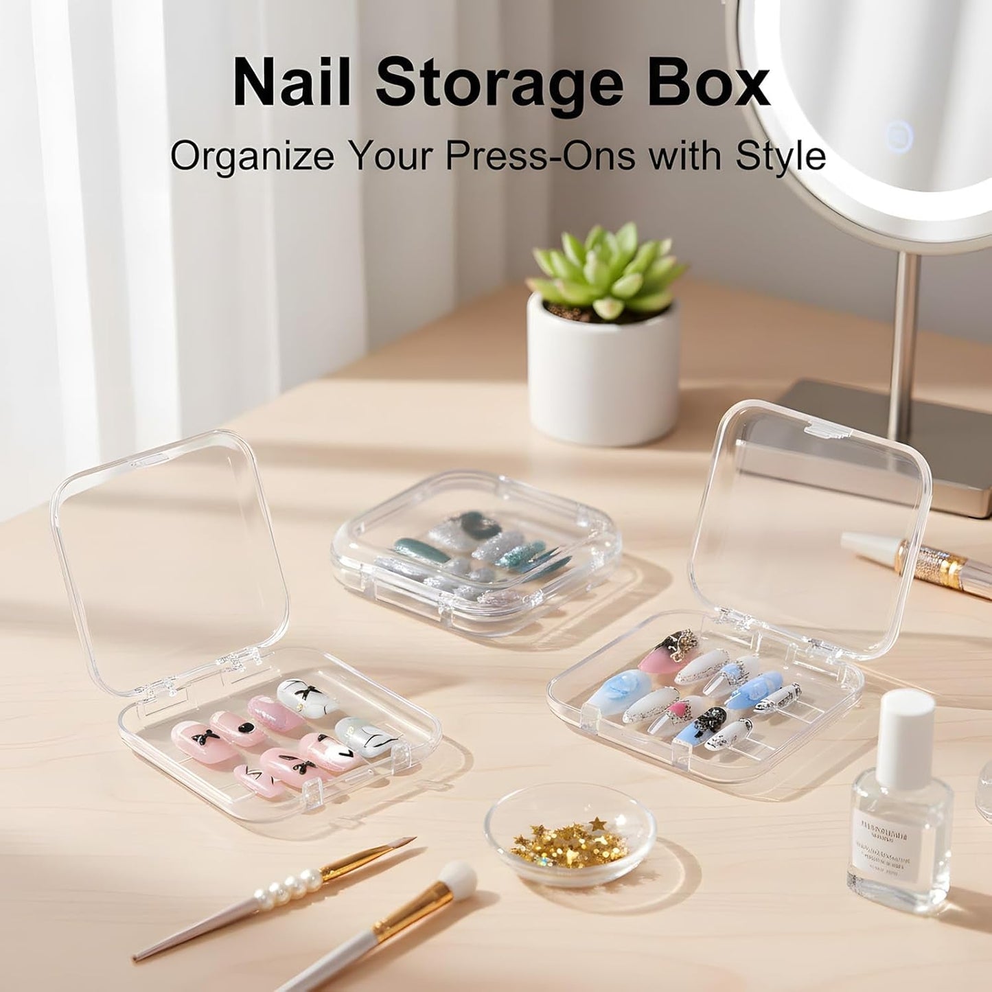 12 Pcs Press on Nail Storage Box with 60 Pcs Double Sided Adhesive Tapes, Nail Packaging Boxes Fake Nail Display Case Crystal Clear Nail Storage Box with Gift Box for Nail Art Business Nail Salon