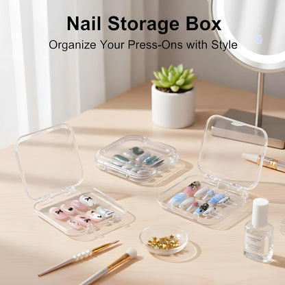 12 Pcs Press on Nail Storage Box with 60 Pcs Double Sided Adhesive Tapes, Nail Packaging Boxes Fake Nail Display Case Crystal Clear Nail Storage Box with Gift Box for Nail Art Business Nail Salon