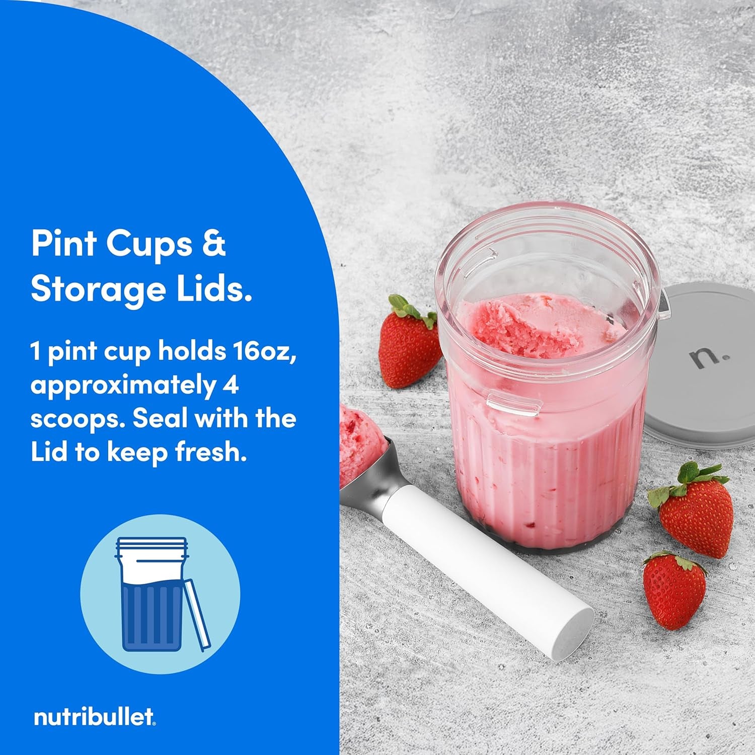 Nutribullet Chill Ice Cream Maker, for Gelato, Sorbet, Frozen Yogurt, Smoothie Bowls, Compact Size, (2) Dishwasher Safe 16 Oz. Pint Cups with Lids, Black, NBD50100AK