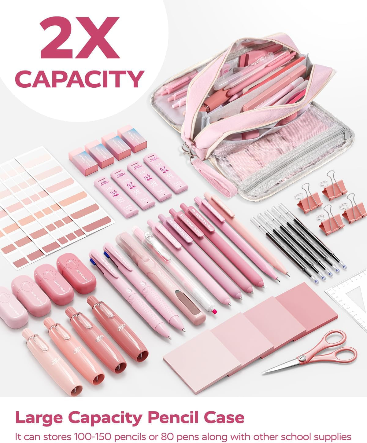 Four Candies Pink School Supplies with Case, Gel Pens with Black Ink, Correction Tapes, Pastel Highlighters, Mechanical Pencils, Sticky Notes, Index Post for Bible Study Stationary College Essentials