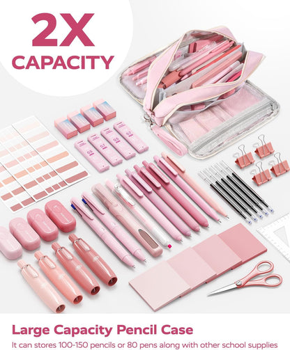 Four Candies Pink School Supplies with Case, Gel Pens with Black Ink, Correction Tapes, Pastel Highlighters, Mechanical Pencils, Sticky Notes, Index Post for Bible Study Stationary College Essentials