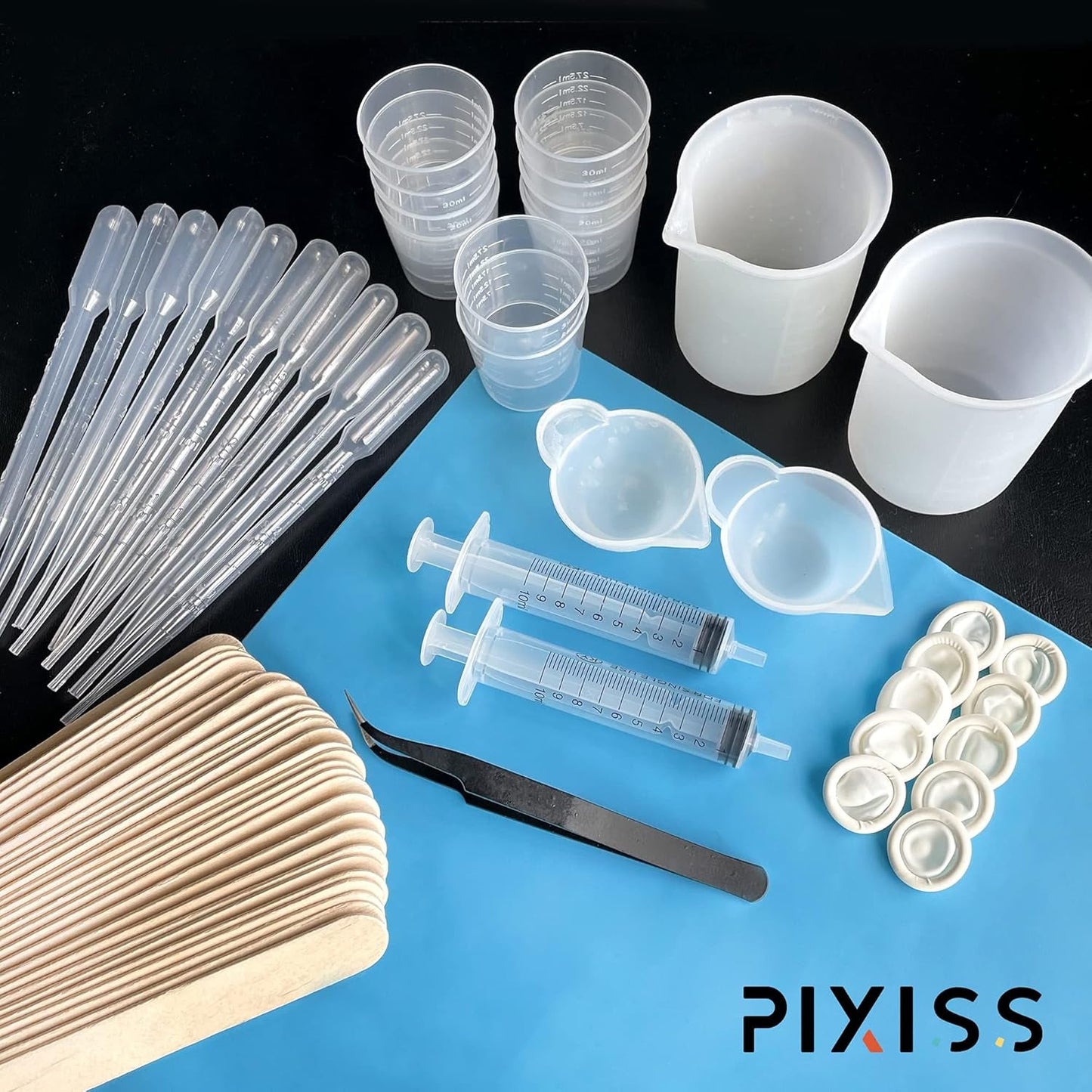 Silicone Resin Measuring Cups Tool Kit- Pixiss 100Ml Measure Cups, 1Oz Cups, Popsicle Stir Sticks, Pipettes, Finger Cots, Silicone Gloves, Silicone Mat for Epoxy Resin Mixing, Molds, Jewelry Making