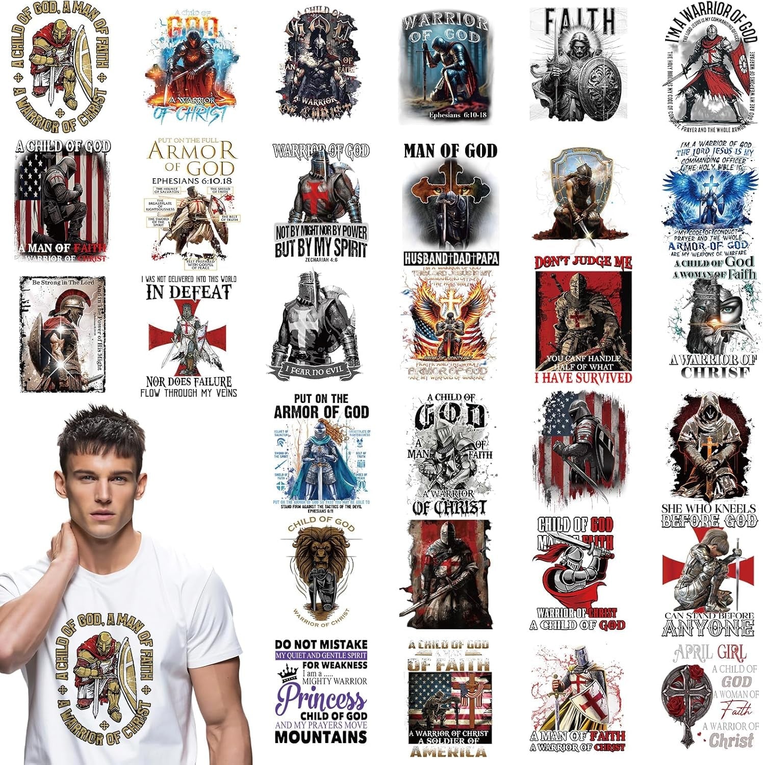DTF Transfers Ready to Press - 30 PCS Christian Iron on Transfers for T-Shirts, Warrior of God Heat Decals Stickers for Hat Pillow Covers Backpack Clothes DIY Crafts Decor