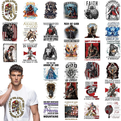 DTF Transfers Ready to Press - 30 PCS Christian Iron on Transfers for T-Shirts, Warrior of God Heat Decals Stickers for Hat Pillow Covers Backpack Clothes DIY Crafts Decor