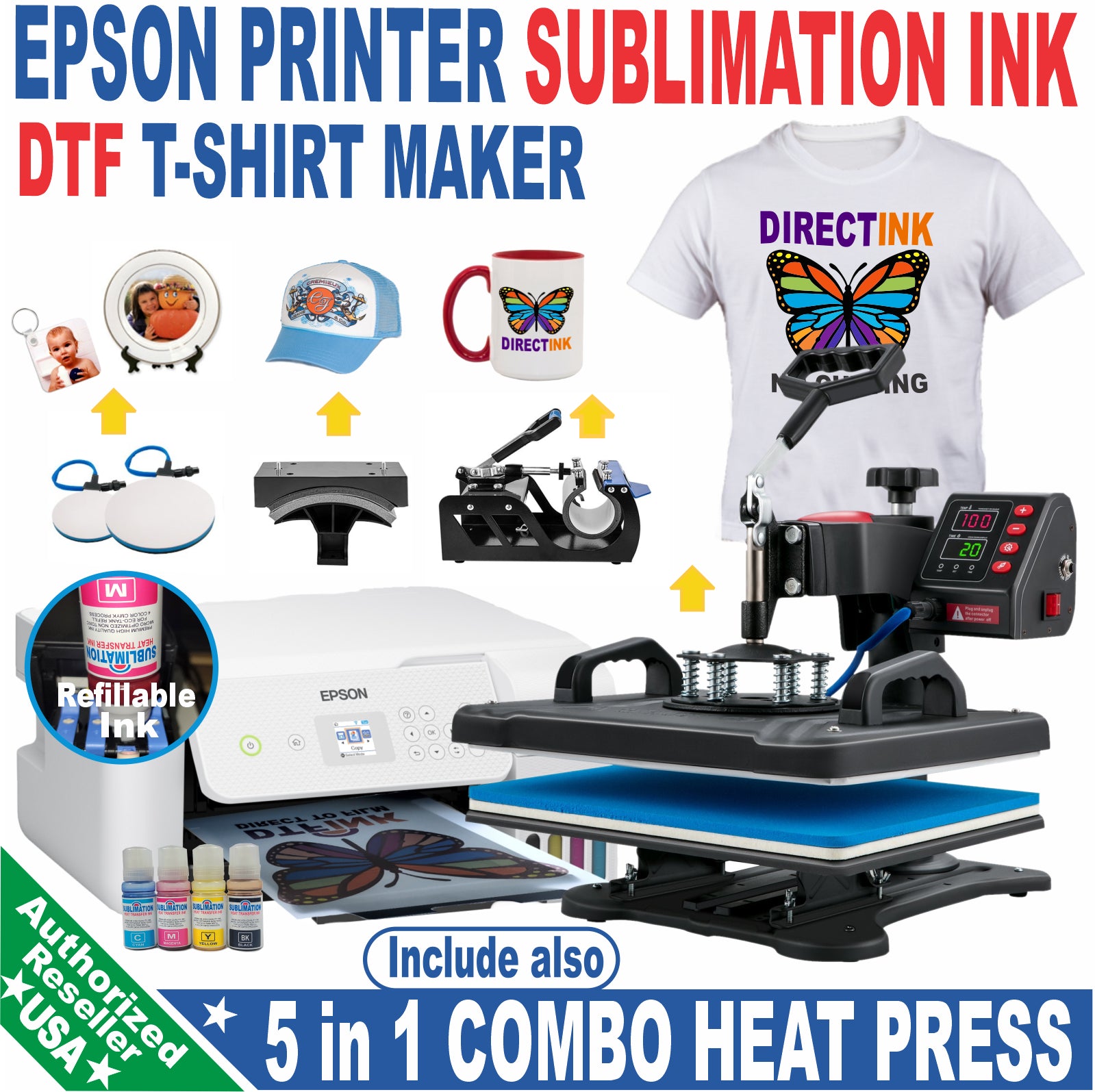 Epson Printer with Sublimation Ink 5-In-1 Heat Press plus DTF T-Shirt Maker Kit