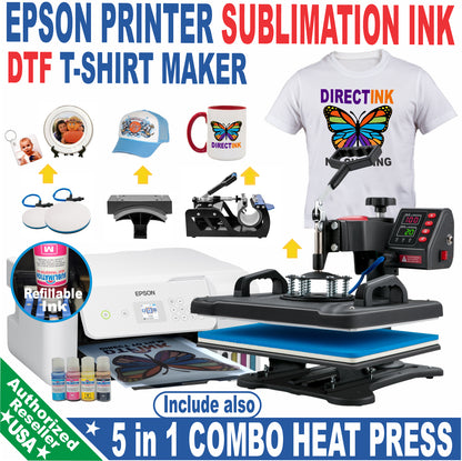 Epson Printer with Sublimation Ink 5-In-1 Heat Press plus DTF T-Shirt Maker Kit