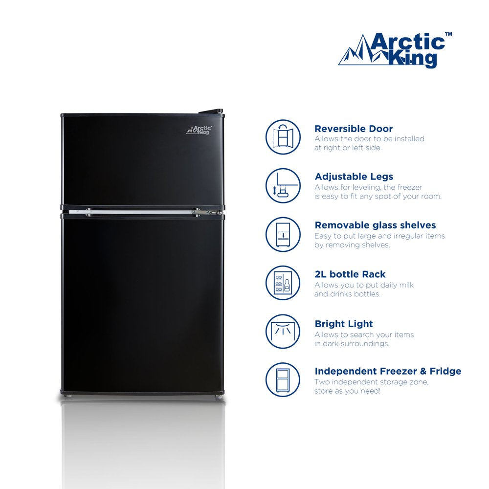3.2 Cu Ft Two Door Mini Fridge with Freezer, Black, E-Star, ARM32D5ABB
