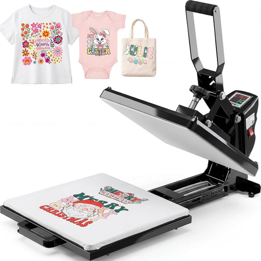 Whubefy Heat Press 15X15 Slide Out, Industrial-Quality Clamshell Sublimation Heat Transfer Machine with 5 DTF Transfer Sheets, Digital Heat Press Machine for T Shirts/Bags/Pillows/Mouse Pad (Black)