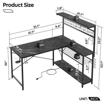 51 L Shaped Gaming Desk with Power Outlets, LED Workstation with 4 Tiers Shelves for Home Office, Gamer Reversible Table with Hooks and Cup Holder, Black Marble