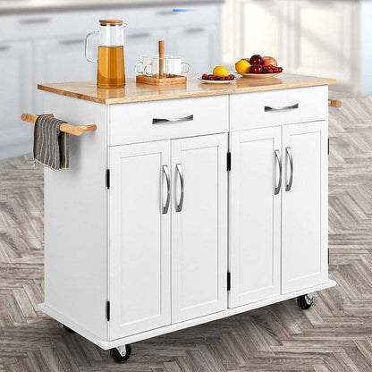 41'' Kitchen Island on Wheels, Rolling Island Cart with Lockable Casters, Handle Towel Rack and 2 Drawers, White