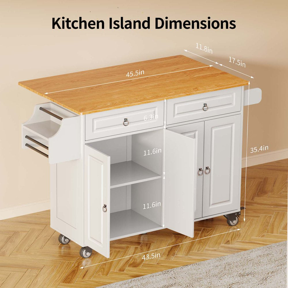 Kitchen Islands with Storage, Kitchen Island Cart with Wood Drop Leaf, White