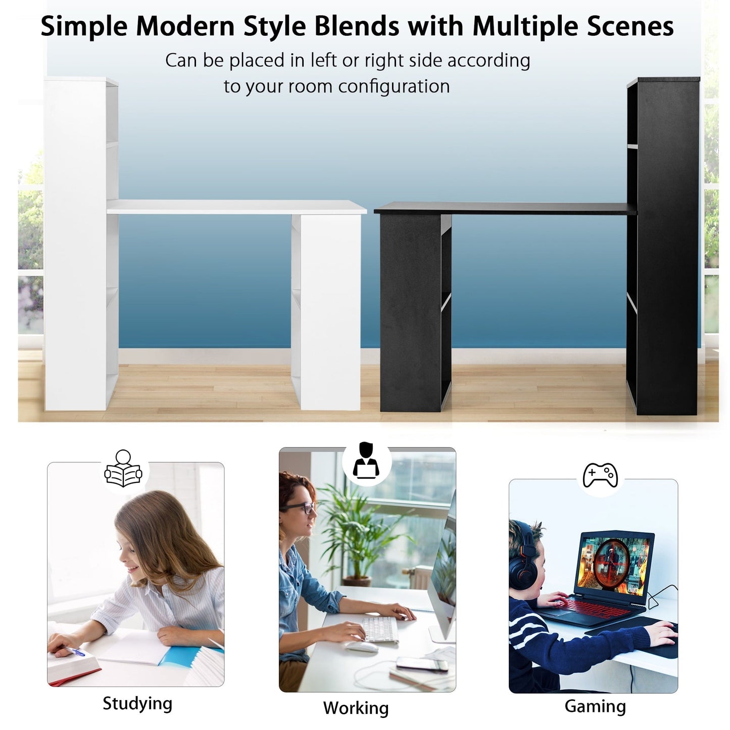 Computer Desk Writing Workstation Office W/6-Tier Storage Shelves Black