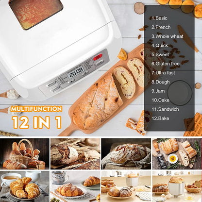 2Lb Bread Machine with Auto Fruit Nut Dispenser, 12 Presets Bread Maker Gluten-Free Setting, 13 Hour Delay Timer, White