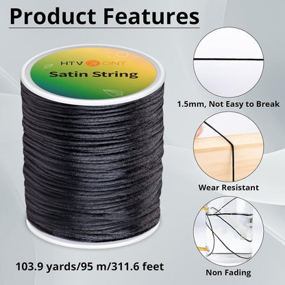 Black Nylon String Cord- 1.5Mm 103 Yards Strong Nylon String, Wear-Resistant No Fading  Satin Silk Cord for Bracelets, Wind Chime, Necklace,Knotting,Jewelry Making,Blinds Cord