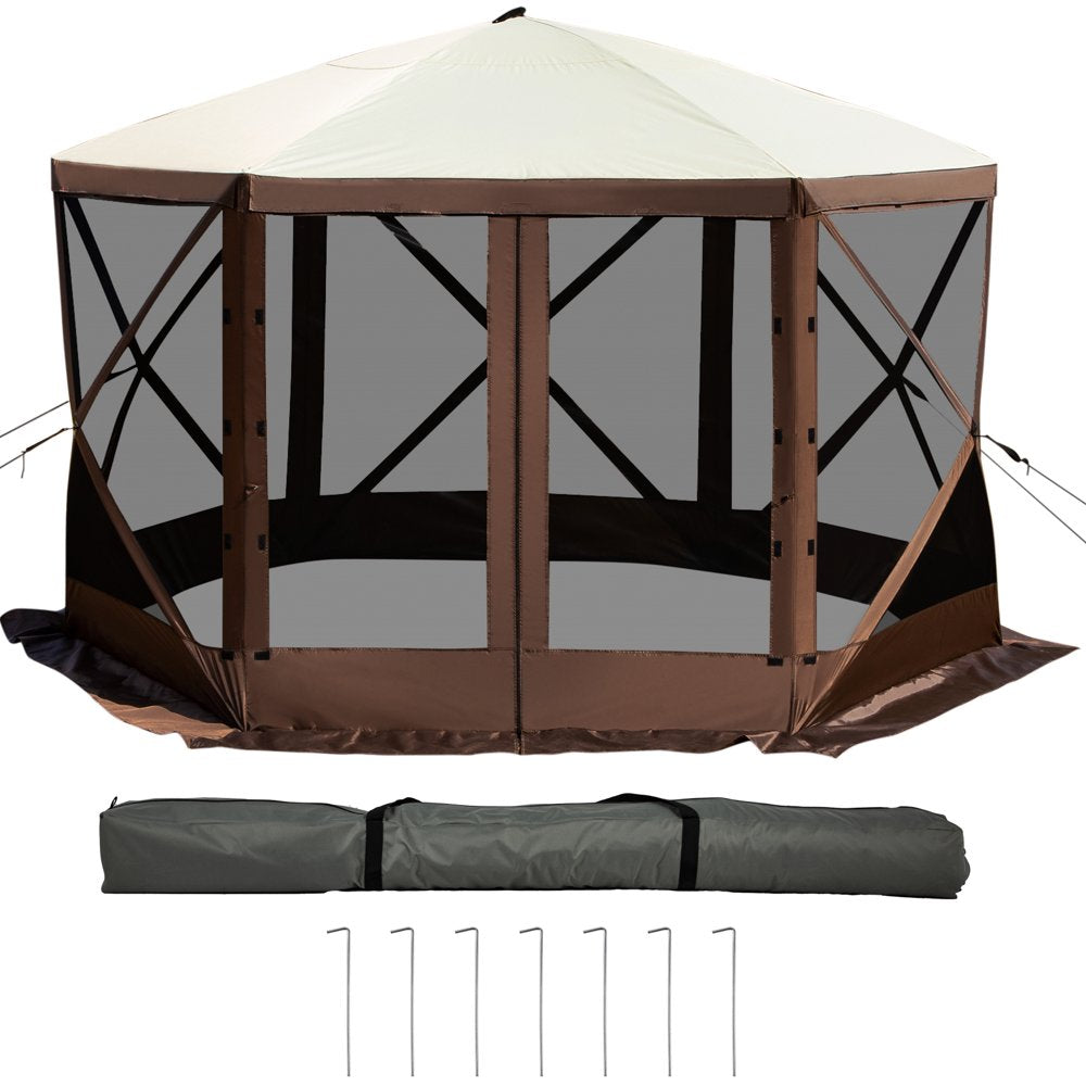 brand Camping Gazebo Tent, 10'X10', 6 Sided Pop-Up Canopy Screen Tent for 8 Person Camping, Waterproof Screen Shelter W/ Portable Storage Bag, Ground Stakes, Mesh Windows, Brown & Beige