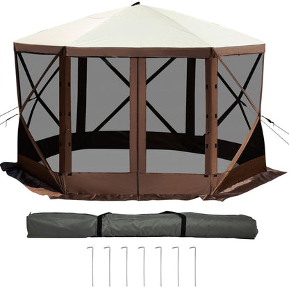 brand Camping Gazebo Tent, 10'X10', 6 Sided Pop-Up Canopy Screen Tent for 8 Person Camping, Waterproof Screen Shelter W/ Portable Storage Bag, Ground Stakes, Mesh Windows, Brown & Beige