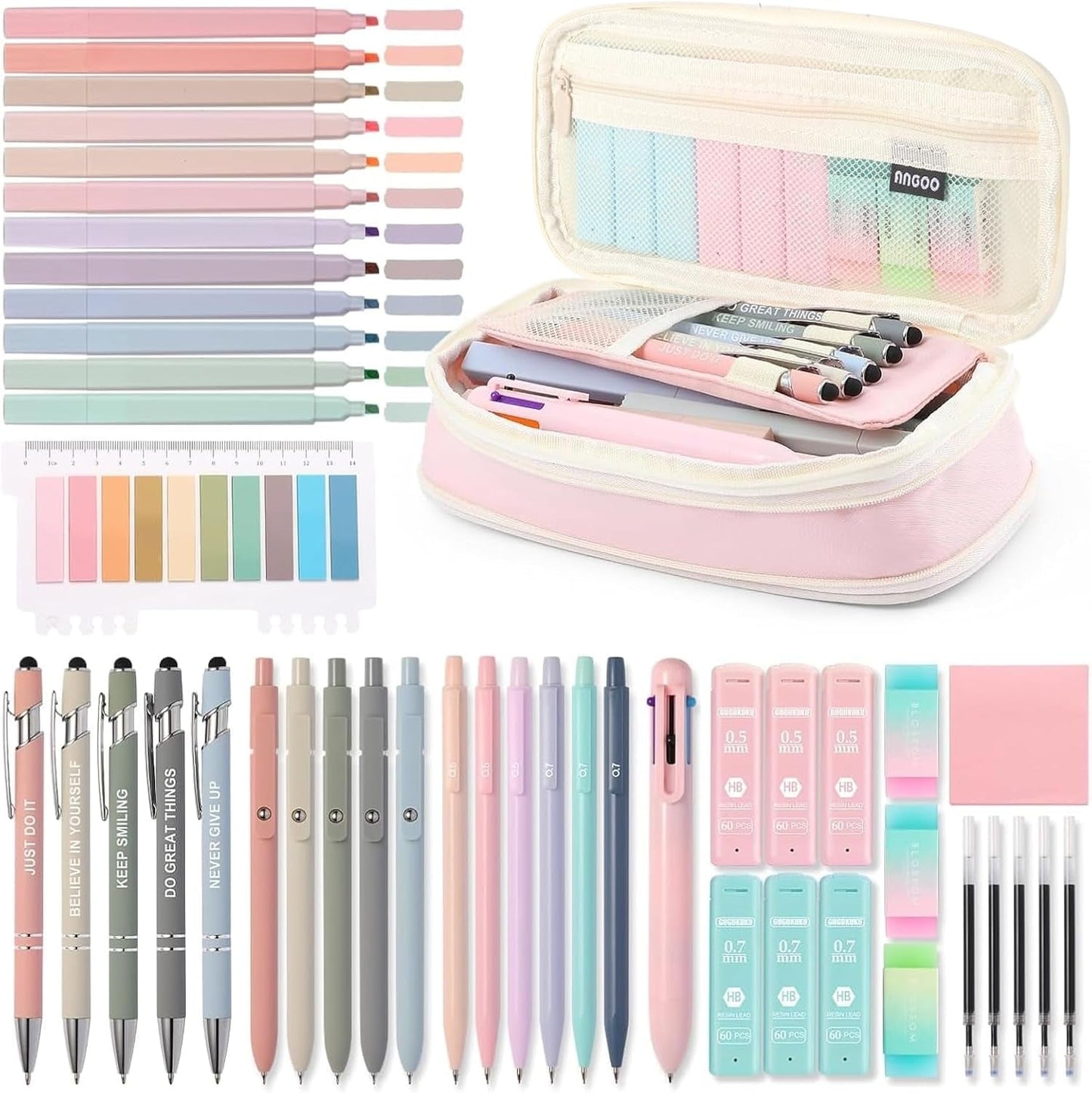 56 PCS Aesthetic School Supplies with Large Pencil Case, 5 Inspirational Ballpoint Pens, 12 Pastel Highlighters, 5 Black Ink Gel Pens, 6 Mechanical Pencils 0.5-0.7Mm College Student Essentials (Pink)