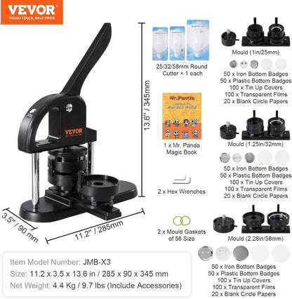 VEVOR Button Maker, 1/1.25/2.28 Inch(25/32/58Mm) 3-In-1 Pin Maker with 300Pcs Button Parts, Ergonomic Arc Handle Punch Press Kit, Button Maker Machine with Panda Magic Book, for Children DIY Gifts