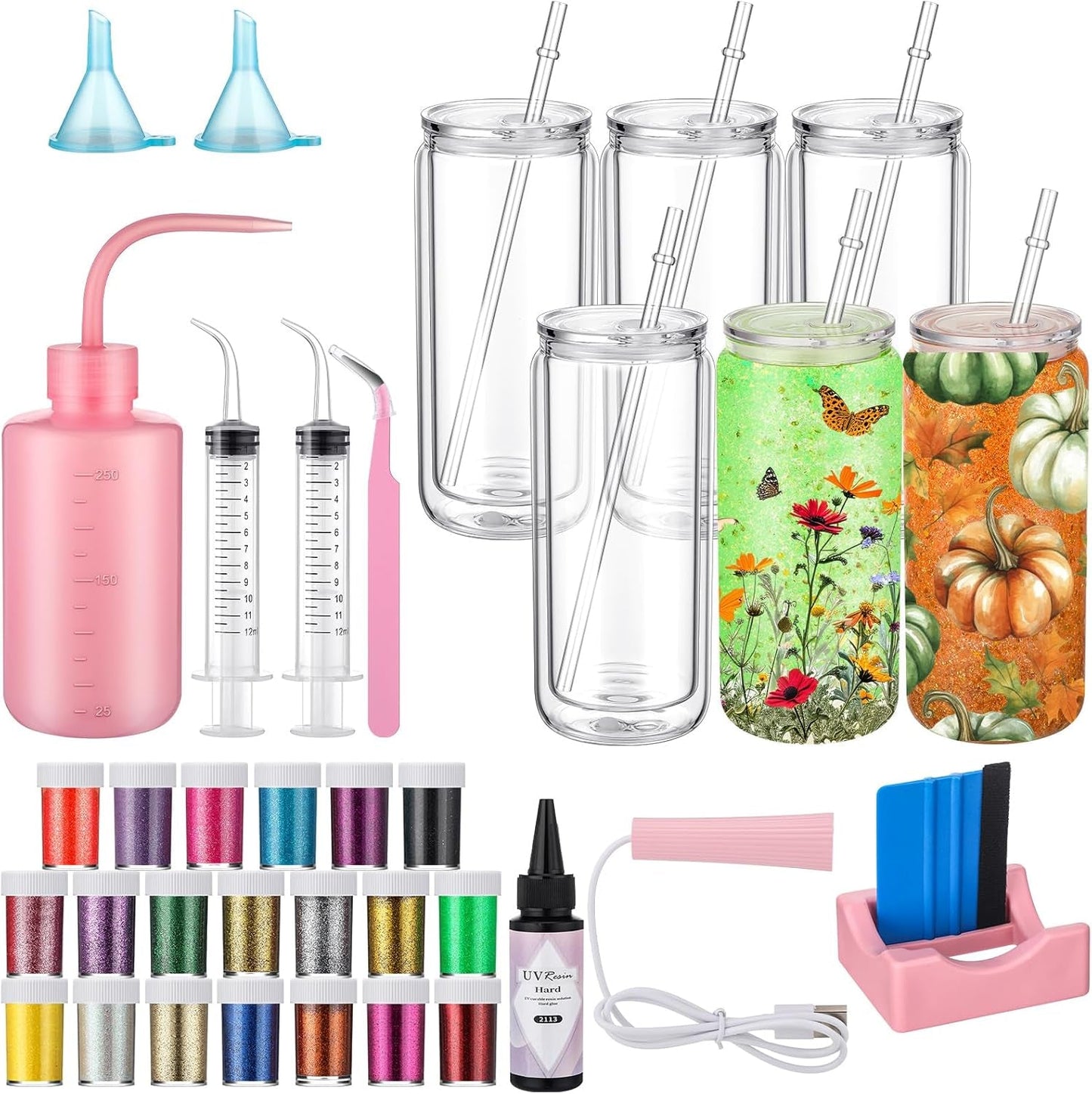 Meanplan 6 Pack DIY Plastic Snow Globe Tumbler Supplies Kit 16Oz Pre Drilled Double Wall Clear Cup 20 Colors Glitter Squeeze Bottle Funnel Tweezer Bent Syringe UV Resin Flashlight Cup Holder Scraper