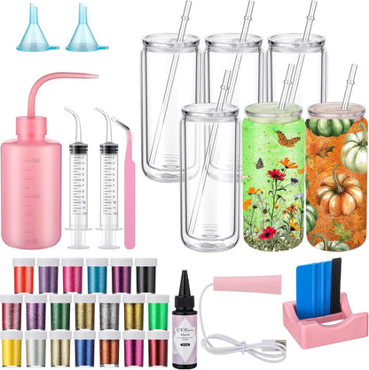 Meanplan 6 Pack DIY Plastic Snow Globe Tumbler Supplies Kit 16Oz Pre Drilled Double Wall Clear Cup 20 Colors Glitter Squeeze Bottle Funnel Tweezer Bent Syringe UV Resin Flashlight Cup Holder Scraper