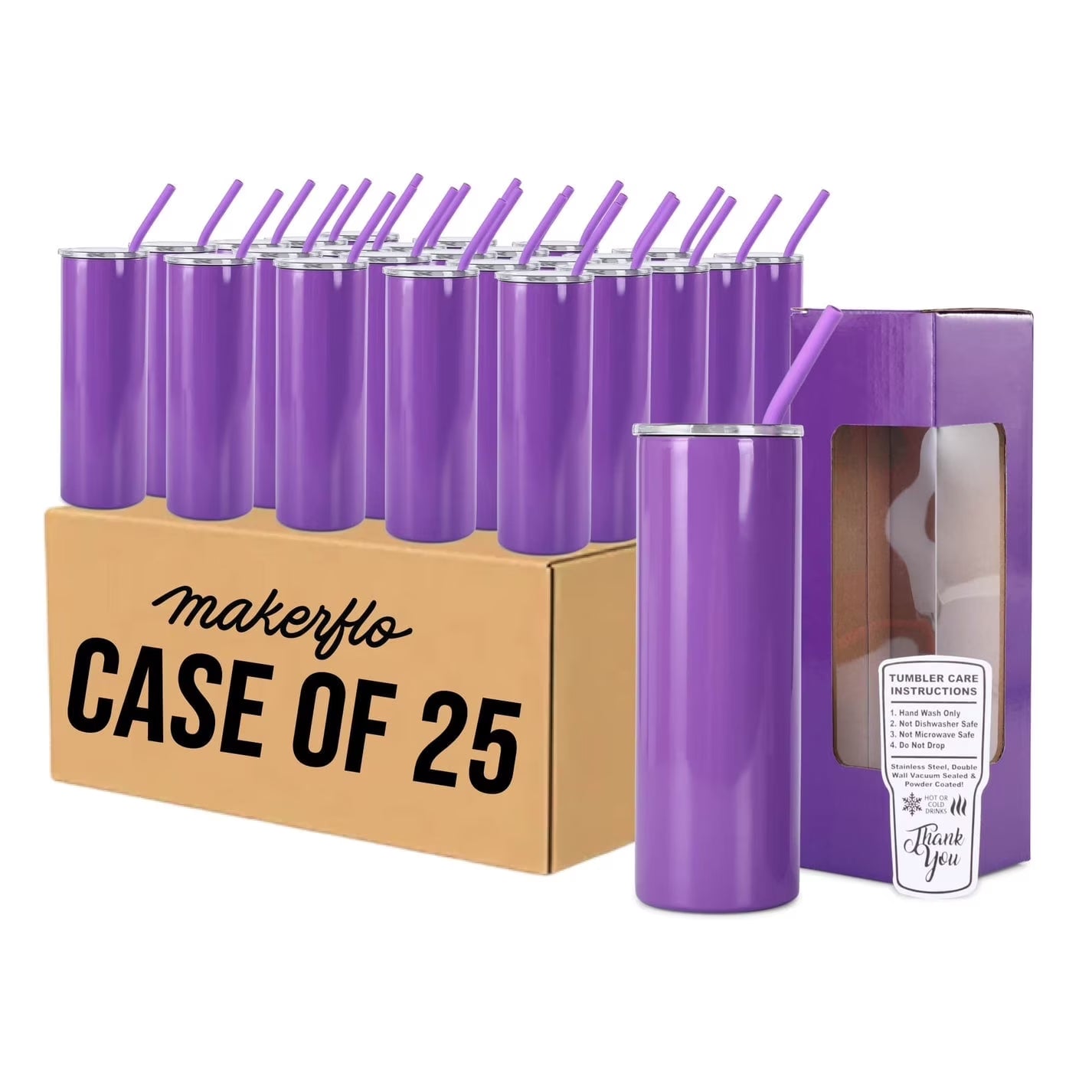 Makerflo 20Oz Skinny Powder Coated Glossy Tumbler with Handle Option – Leak-Proof Lid, Silicone Straw & Gift Box – Customizable with Laser Engraving, UV Printing, Epoxy & UV DTF (Purple)