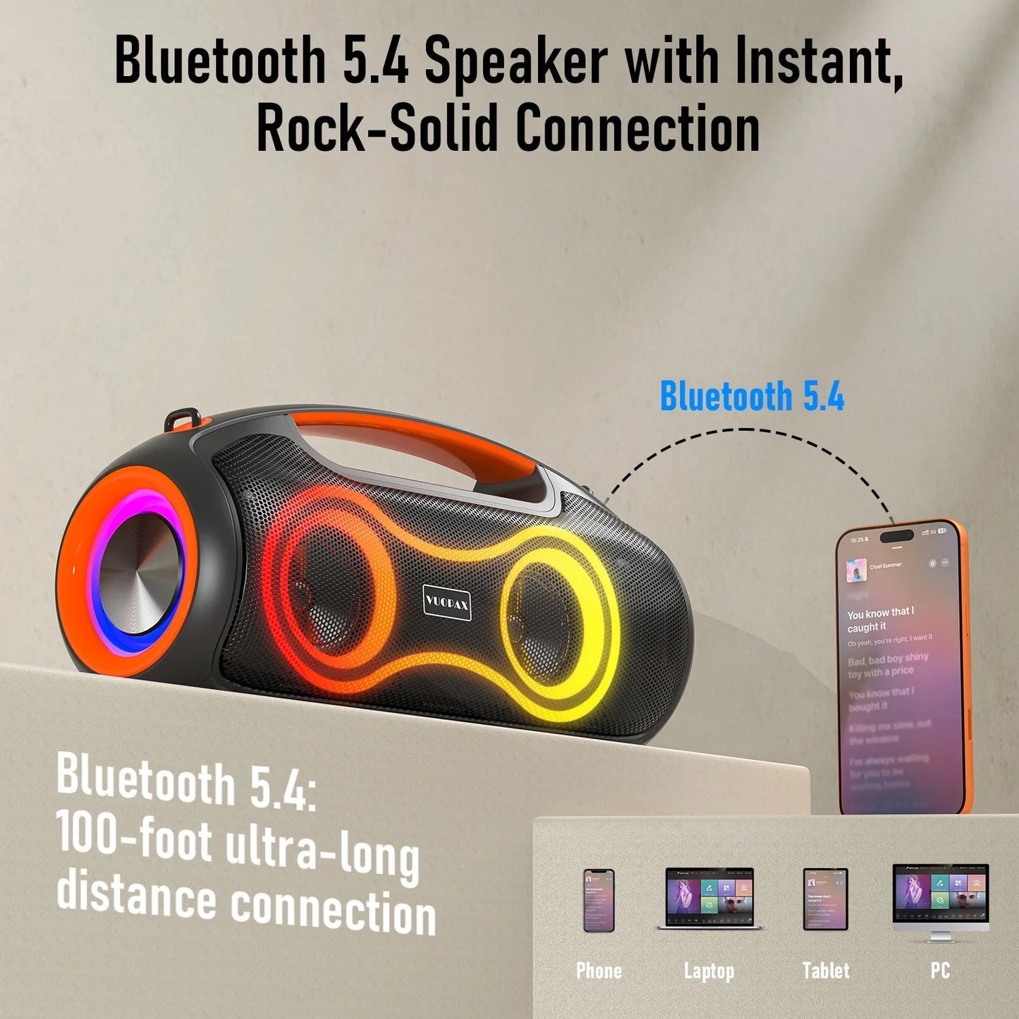 Portable Bluetooth Speaker with Bass Boost, IP65 Waterproof Outdoor Wireless Loud Speaker with Disco Dynamic Light, 180W Power and USB/AUX/TF Input for Party