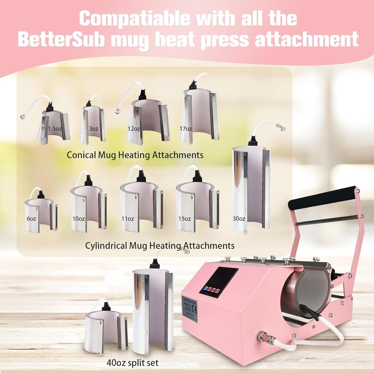 Bettersub 3In1 40 OZ Tumbler Mug Heat Press Machine 30 OZ 20 OZ 16 OZ Sublimation Straight Skinny Tumbler Mug,11 OZ 15 OZ 16 OZ Sublimation Mug Heat Transfer Pink