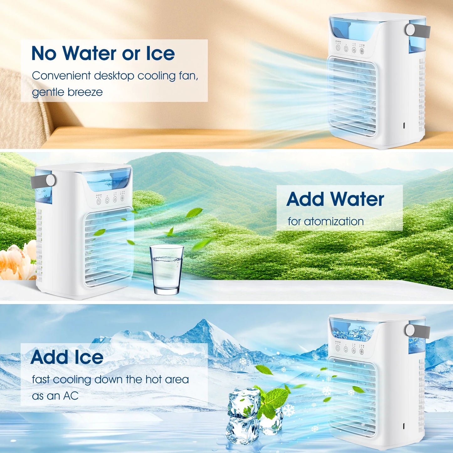 Portable Air Conditioner, Personal Air Conditioner, Tabletop Mini AC, 3 in 1 Evaporative Air Cooler with 3 Speeds, 2 Mist Spray, 7 Color Ambient Lights, 24Oz Removable Water Tank for Bedroom Office