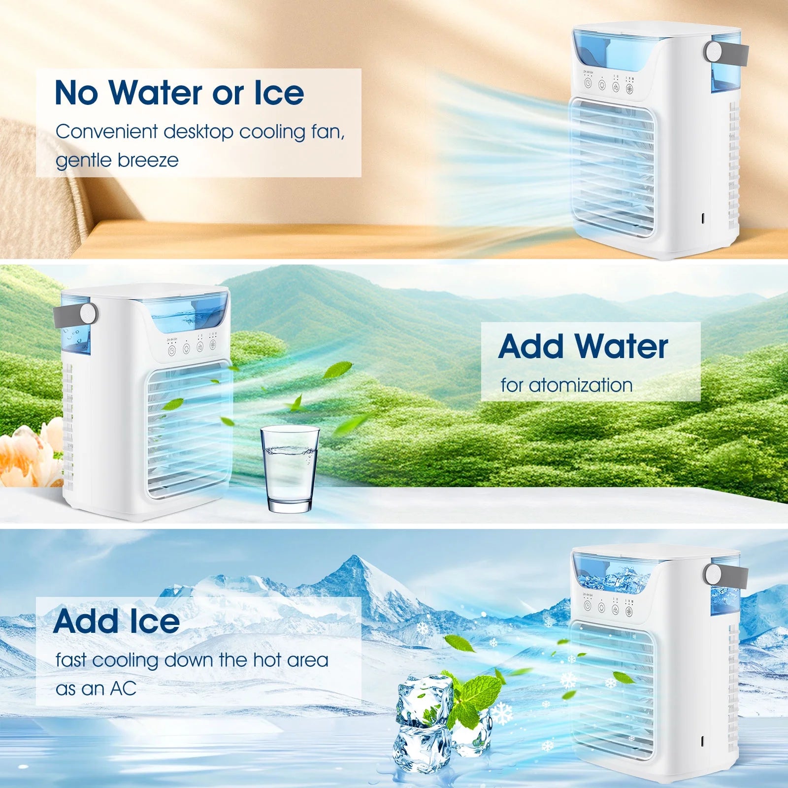 Portable Air Conditioner, Personal Air Conditioner, Tabletop Mini AC, 3 in 1 Evaporative Air Cooler with 3 Speeds, 2 Mist Spray, 7 Color Ambient Lights, 24Oz Removable Water Tank for Bedroom Office