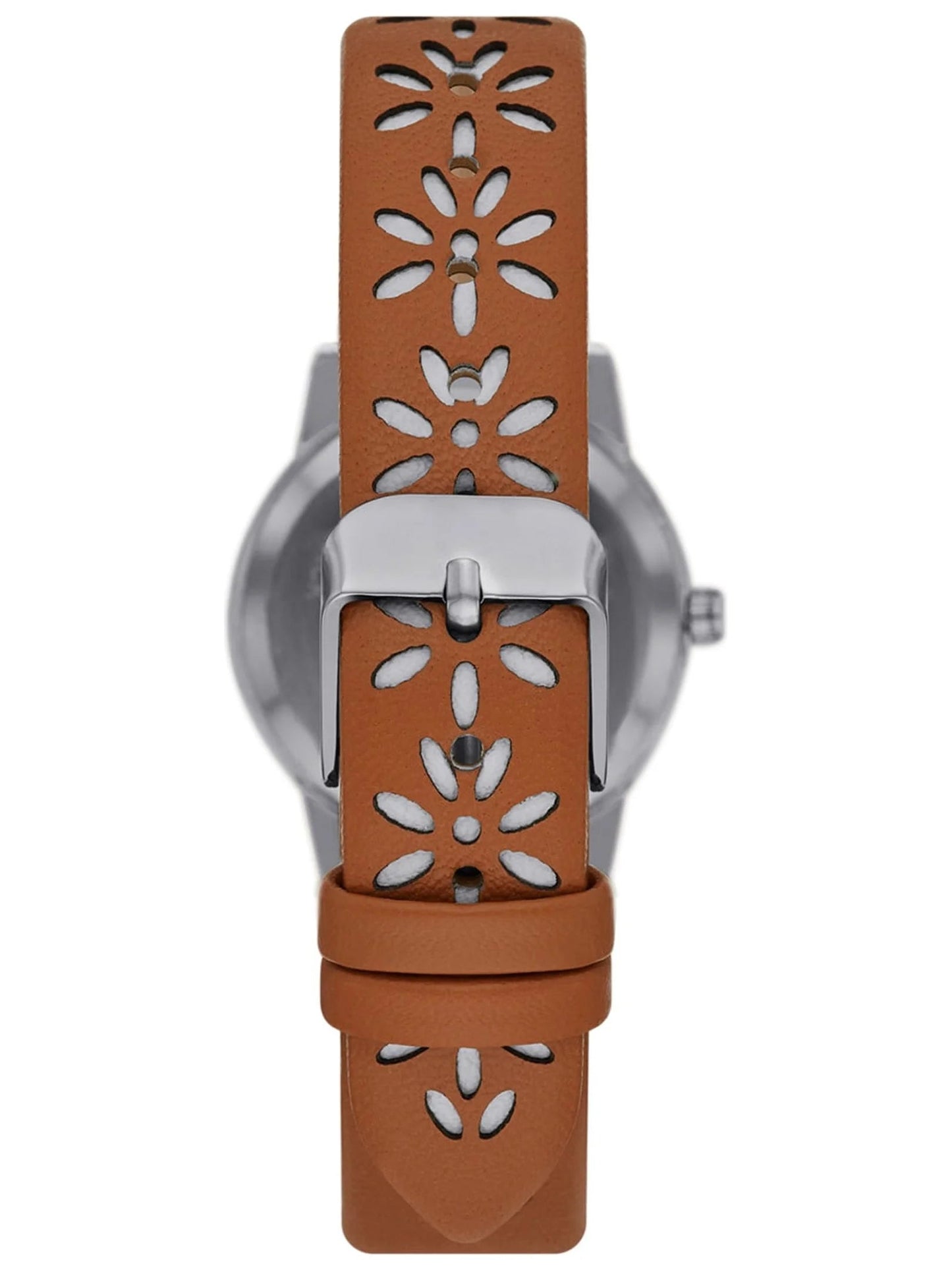 Women'S Analog Watch: Silver Tone round Case, Crystal Accent on Faux Mother of Pearl Dial, Brown Faux Leather Perforated Strap (FMDOTT054)