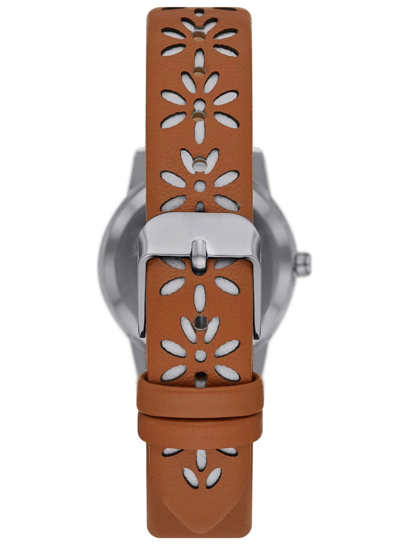 Women'S Analog Watch: Silver Tone round Case, Crystal Accent on Faux Mother of Pearl Dial, Brown Faux Leather Perforated Strap (FMDOTT054)