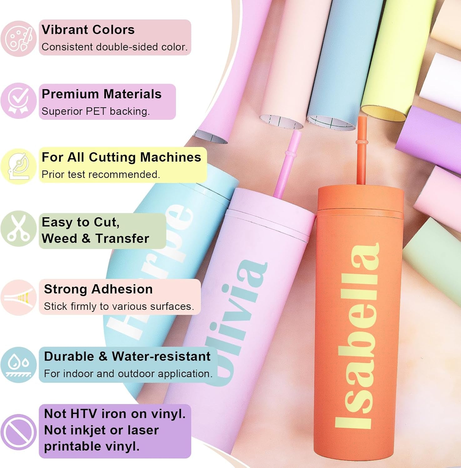 001 Matte Pastel Permanent Vinyl, 12" X 3Ft, 10 Boho Vinyl Adhesive Indoor & Outdoor Decal for Cricut, Silhouette, Cameo Cutters, Signs, Scrap-Booking, Craft Cutters