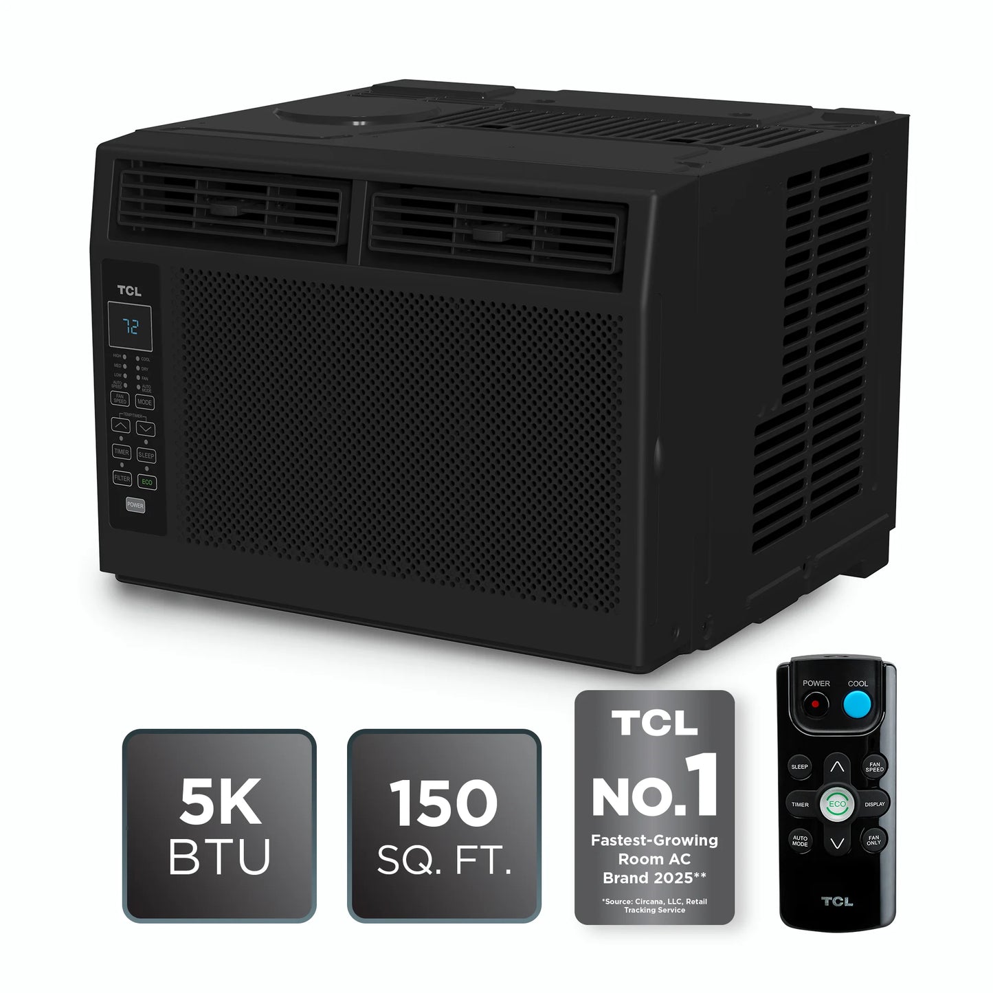 5,000 BTU Window Air Conditioner (Black) - 150 Sq Ft, LED Display, Included Remote, Compact, Dorm Friendly - W5W3M-B