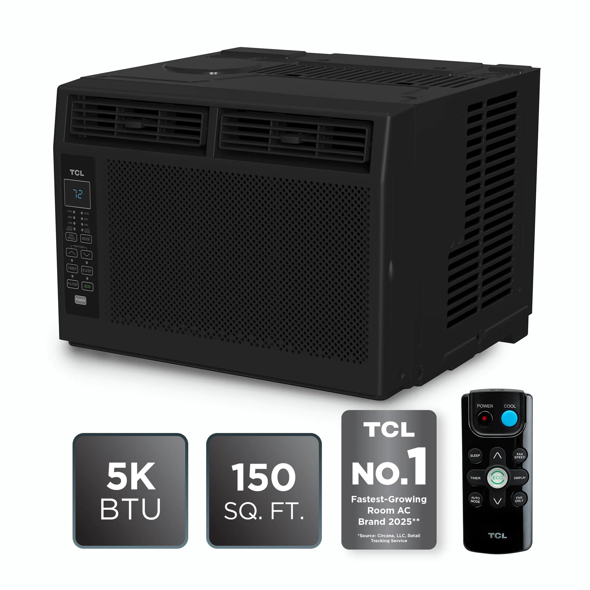 5,000 BTU Window Air Conditioner (Black) - 150 Sq Ft, LED Display, Included Remote, Compact, Dorm Friendly - W5W3M-B