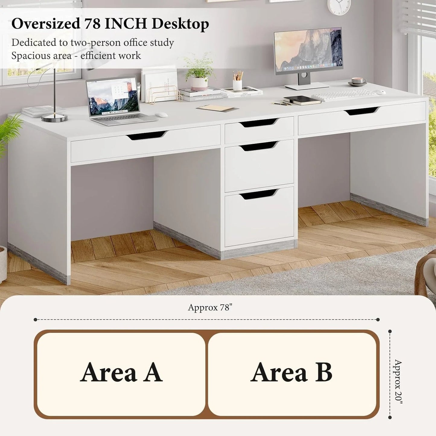 78 Inch Two Person Desk, 2 Person Desk with 5 Drawers, Double Desk for Two People, Computer Desk for Home Office, White