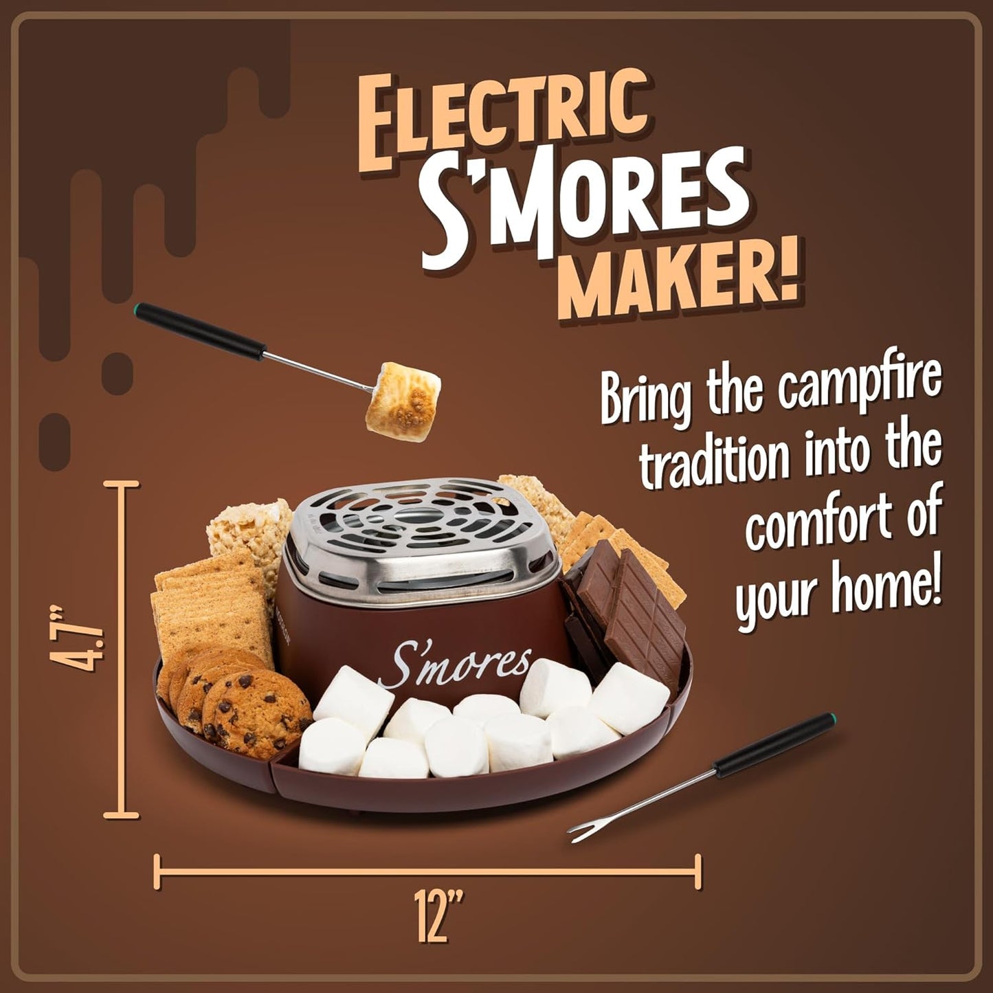 Nostalgia Tabletop Indoor Electric S'Mores Maker - Smores Kit with Marshmallow Roasting Sticks and 4 Trays for Graham Crackers, Chocolate, and Marshmallows - Movie Night Supplies - Brown