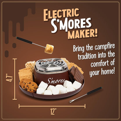 Nostalgia Tabletop Indoor Electric S'Mores Maker - Smores Kit with Marshmallow Roasting Sticks and 4 Trays for Graham Crackers, Chocolate, and Marshmallows - Movie Night Supplies - Brown