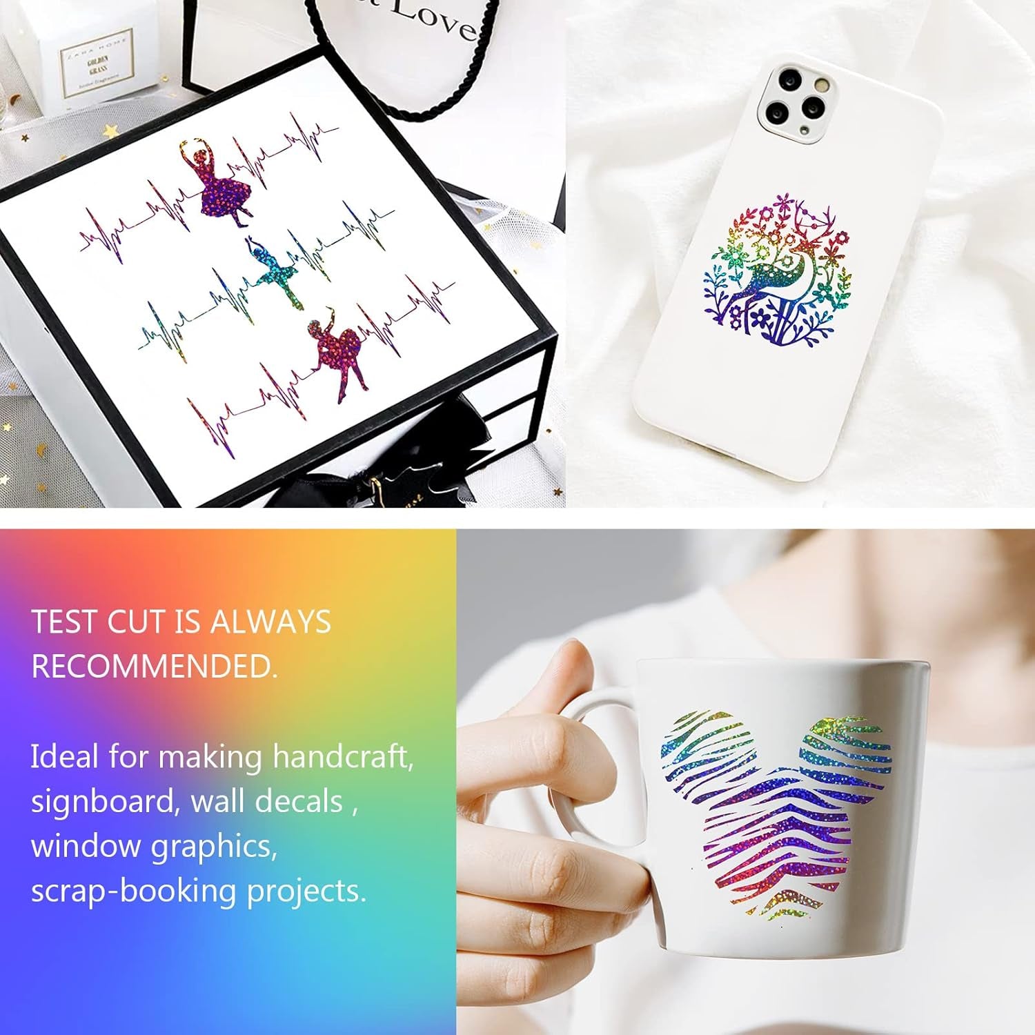 Sparkle Permanent Vinyl Rainbow Holographic Chrome Adhesive Vinyl 1Ft X 5Ft, Rainbow