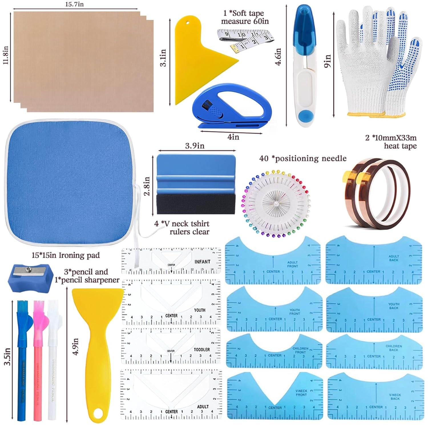 Sublimation Shirts Tool Kits for Vinyl Alignment,Portable Pad for Ironing,T-Shirt Rulers Guide and Teflon Sheet for Cricut Heat Press HTV Vinyl Center Designs,Craft Sewing Accessories